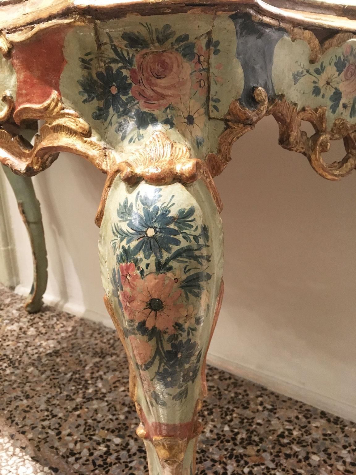 photo furniture 1750 Venezia Wooden Light Blue And Green Lacquered Engraved Console With Flowers