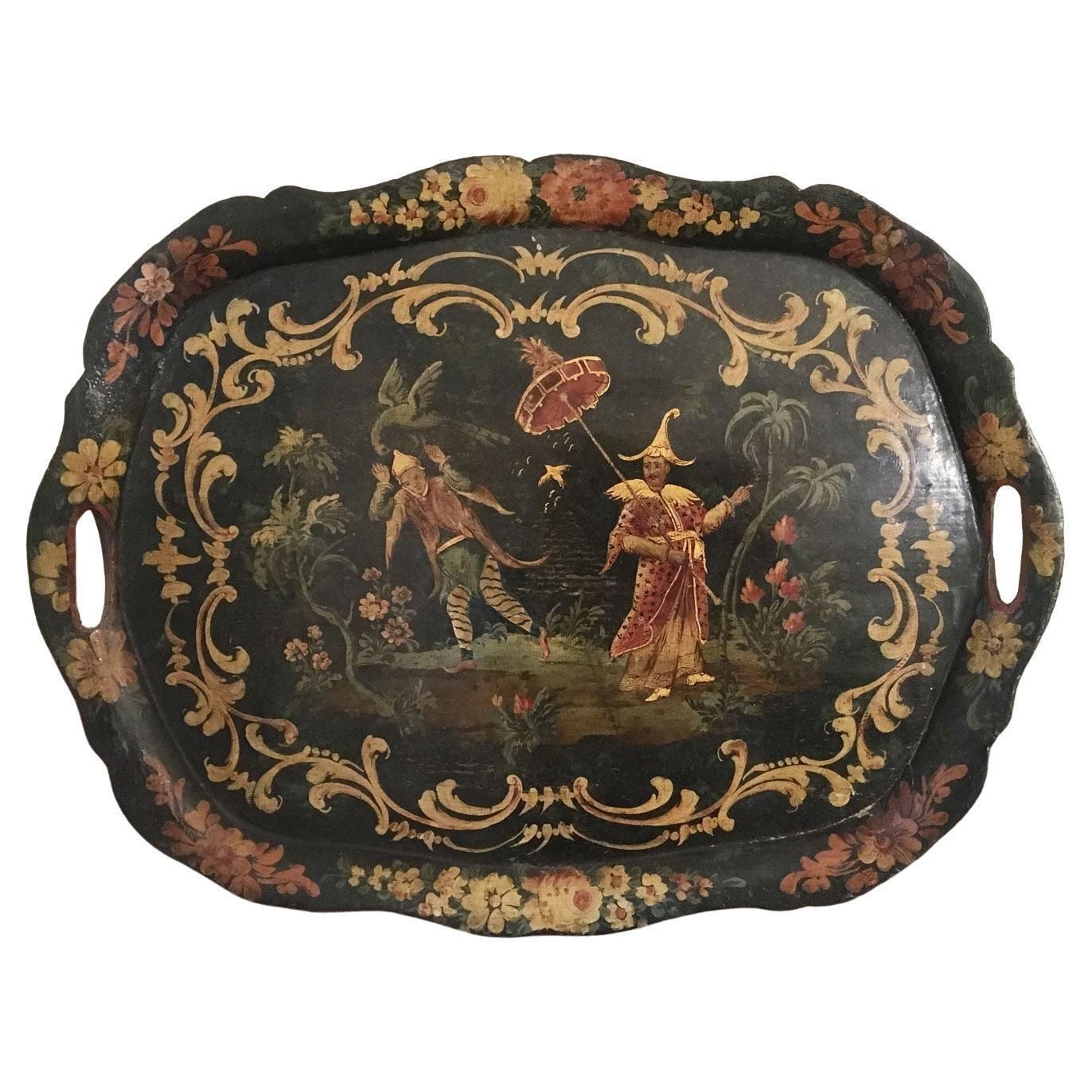 1750 Venezia Italy Green Lacquered Wooden Tray With Chinese Figures