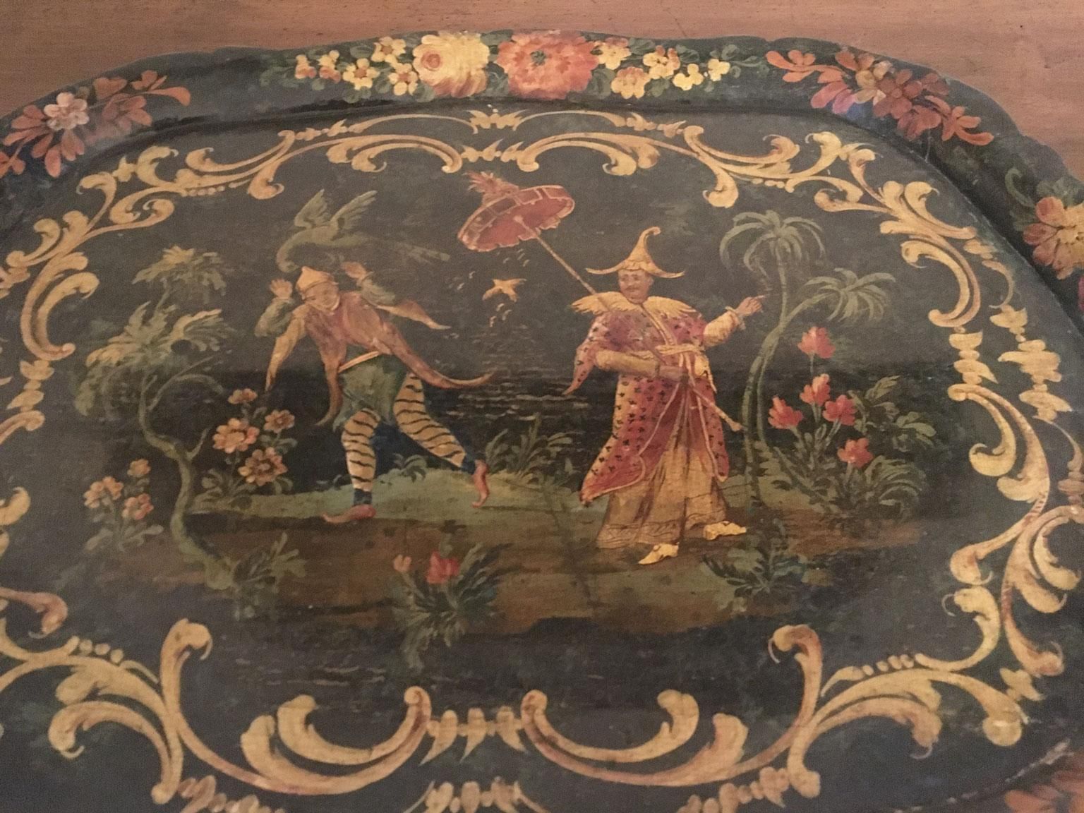 1750 Venezia Italy Green Lacquered Wooden Tray With Chinese Figures photo for sale