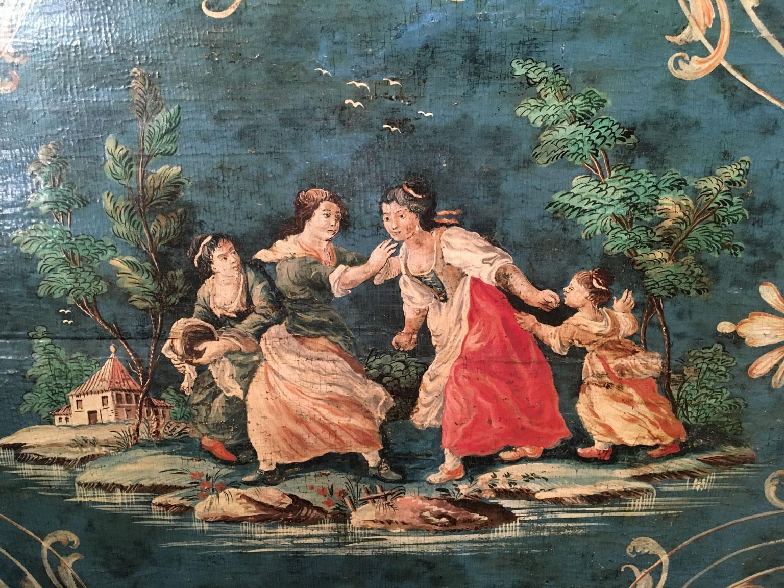 1750 Venezia Italy Blue Lacquered  Wooden Tray With Rural Scenes And Flowers photo furniture