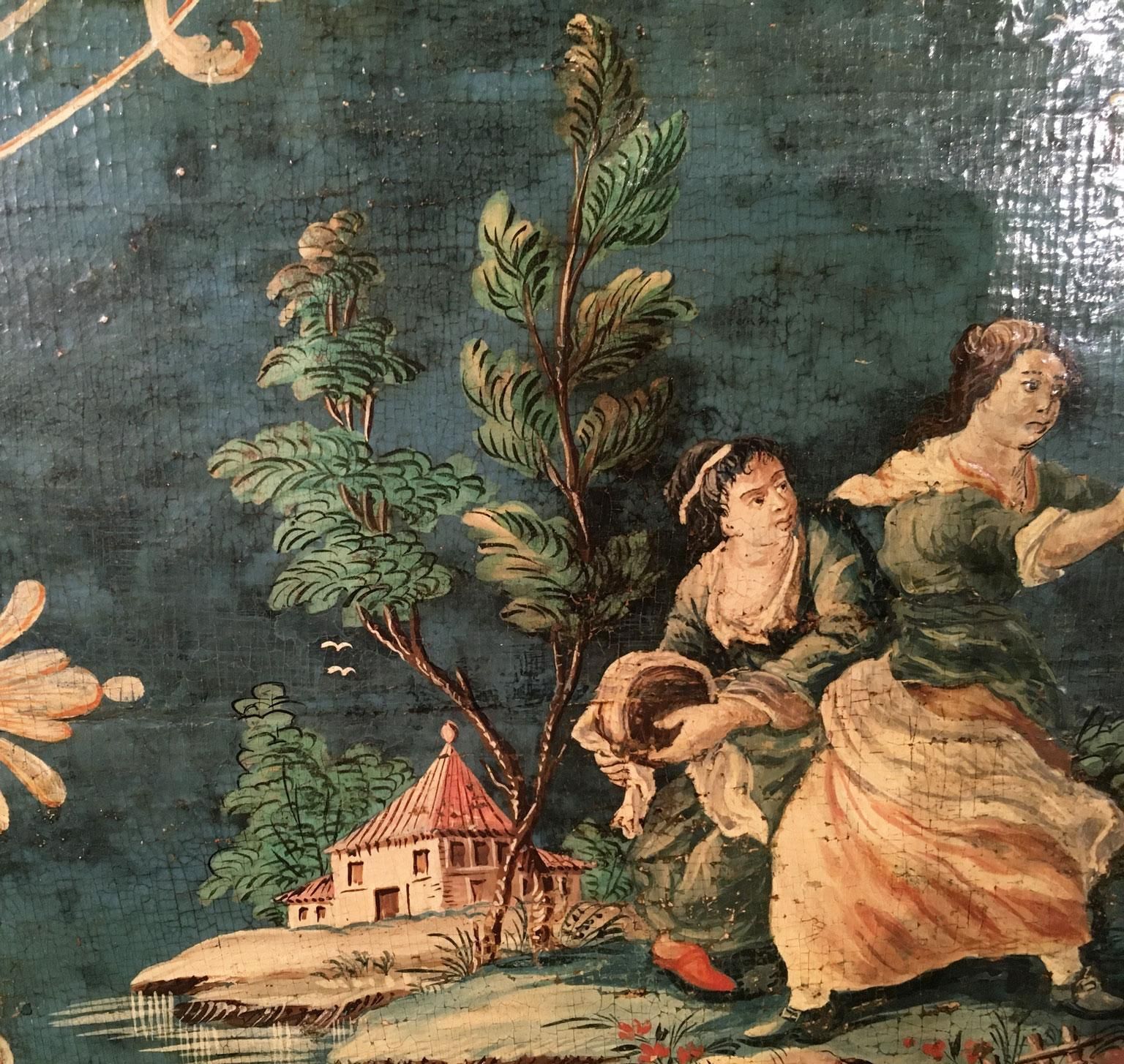 1750 Venezia Italy Blue Lacquered  Wooden Tray With Rural Scenes And Flowers photo vintage