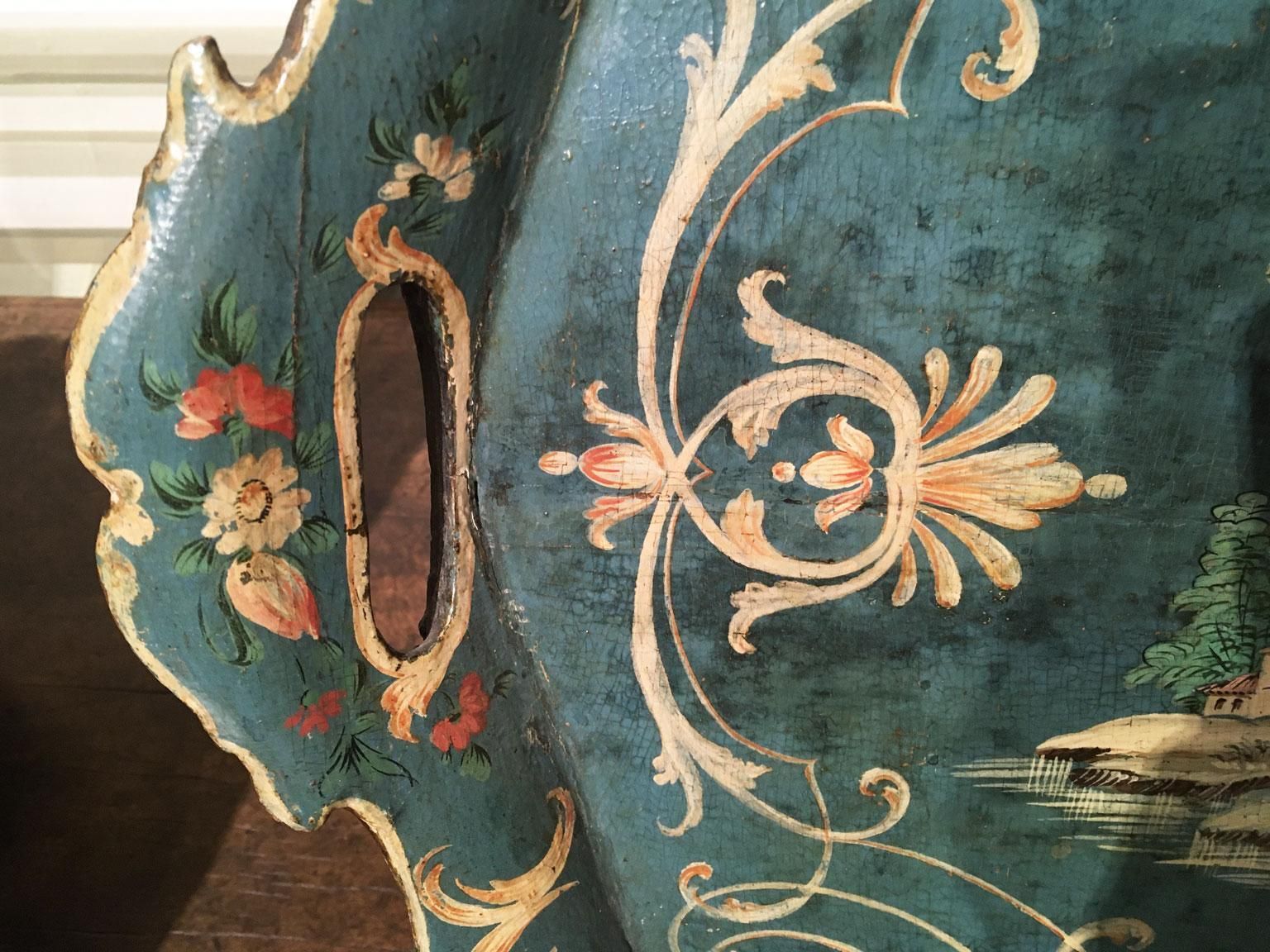 photo furniture 1750 Venezia Italy Blue Lacquered  Wooden Tray With Rural Scenes And Flowers
