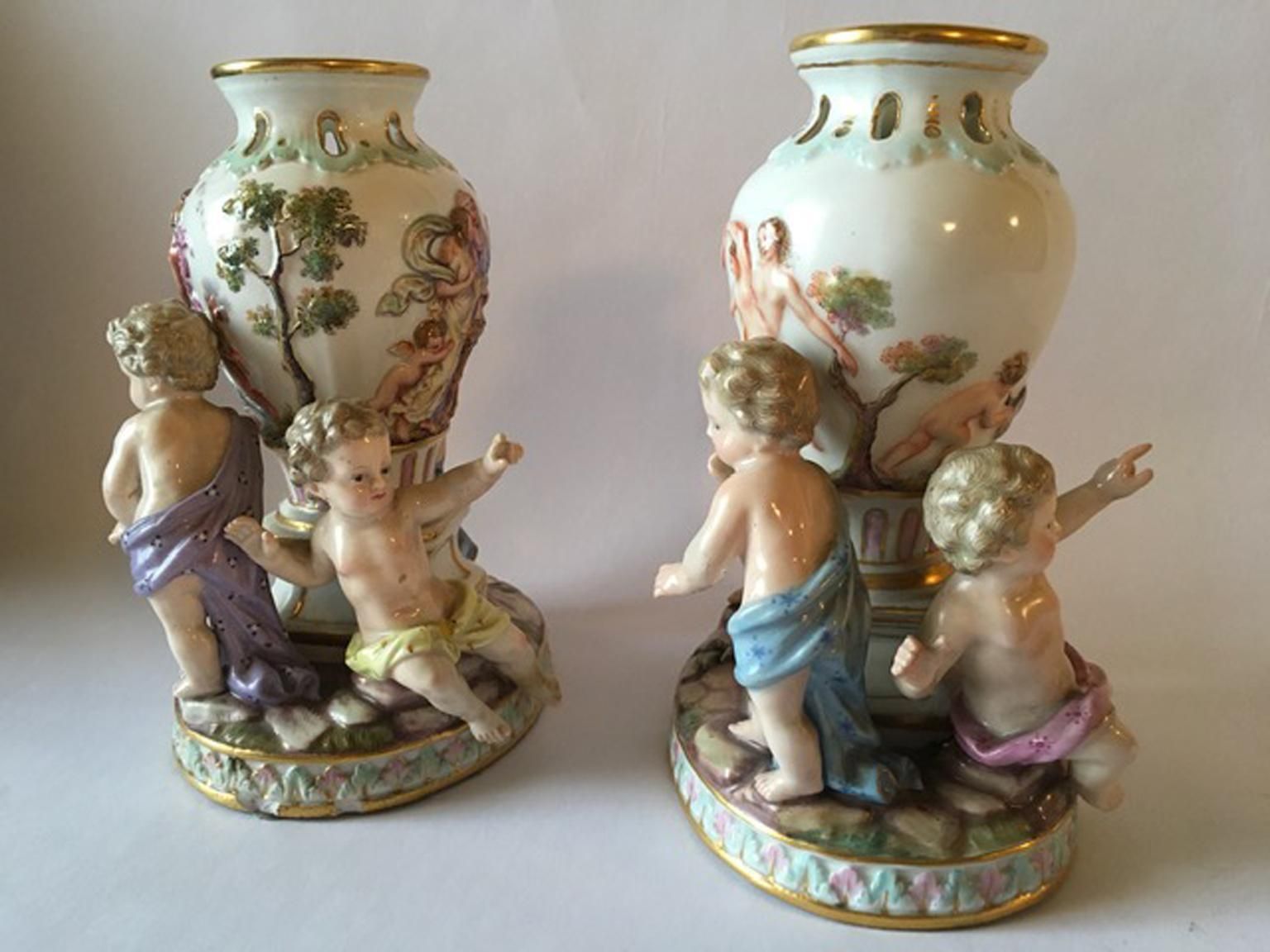 Europe Mid 19th Century Meissen Pair Porcelain Vases photo vintage