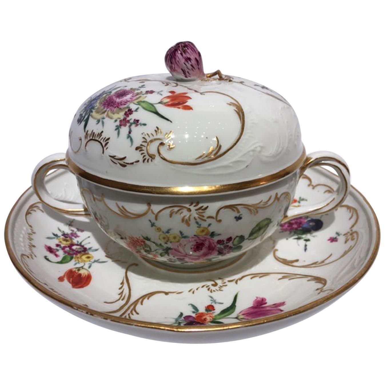 Meissen Mid 19thcentury Golden Porcelain Covered Cup Multicolors Flower Drawings