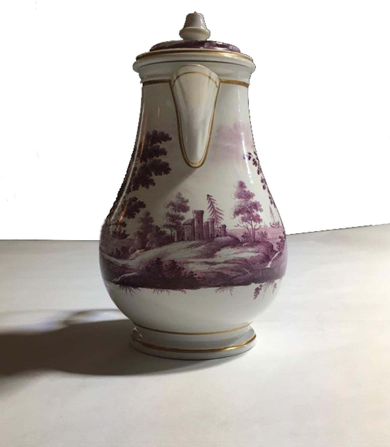 Italy Richard Ginori Mid 18th Century Porcelain Coffee Pot Landscapes In Purple photo for sale