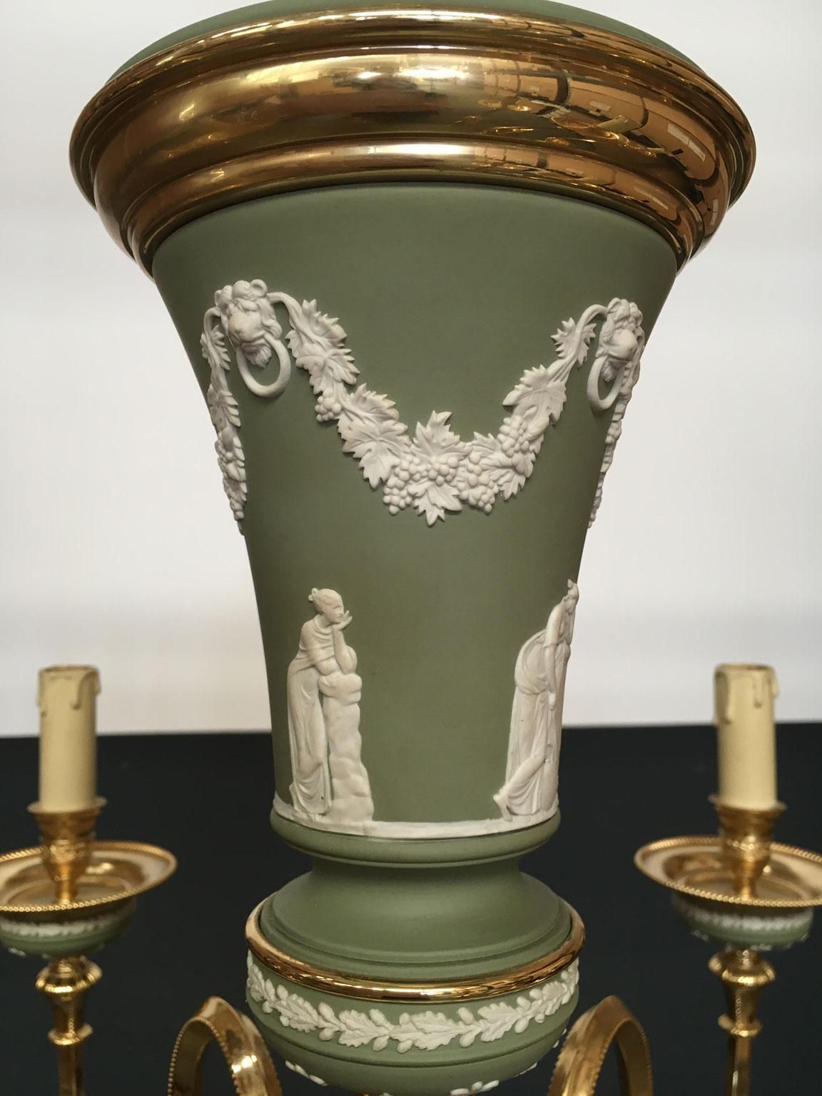 photo for sale 1970 Italy Hollywood Regency Style Green Porcelain And Brass Chandelier 9 Lights