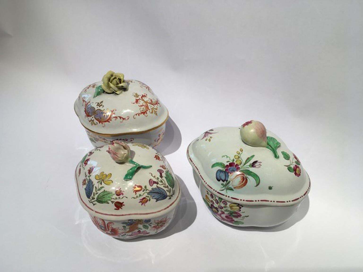 Italy Late 18th Century Richard Ginori Set 3 Porcelain Sugar Bowls Floral Decor photo vintage