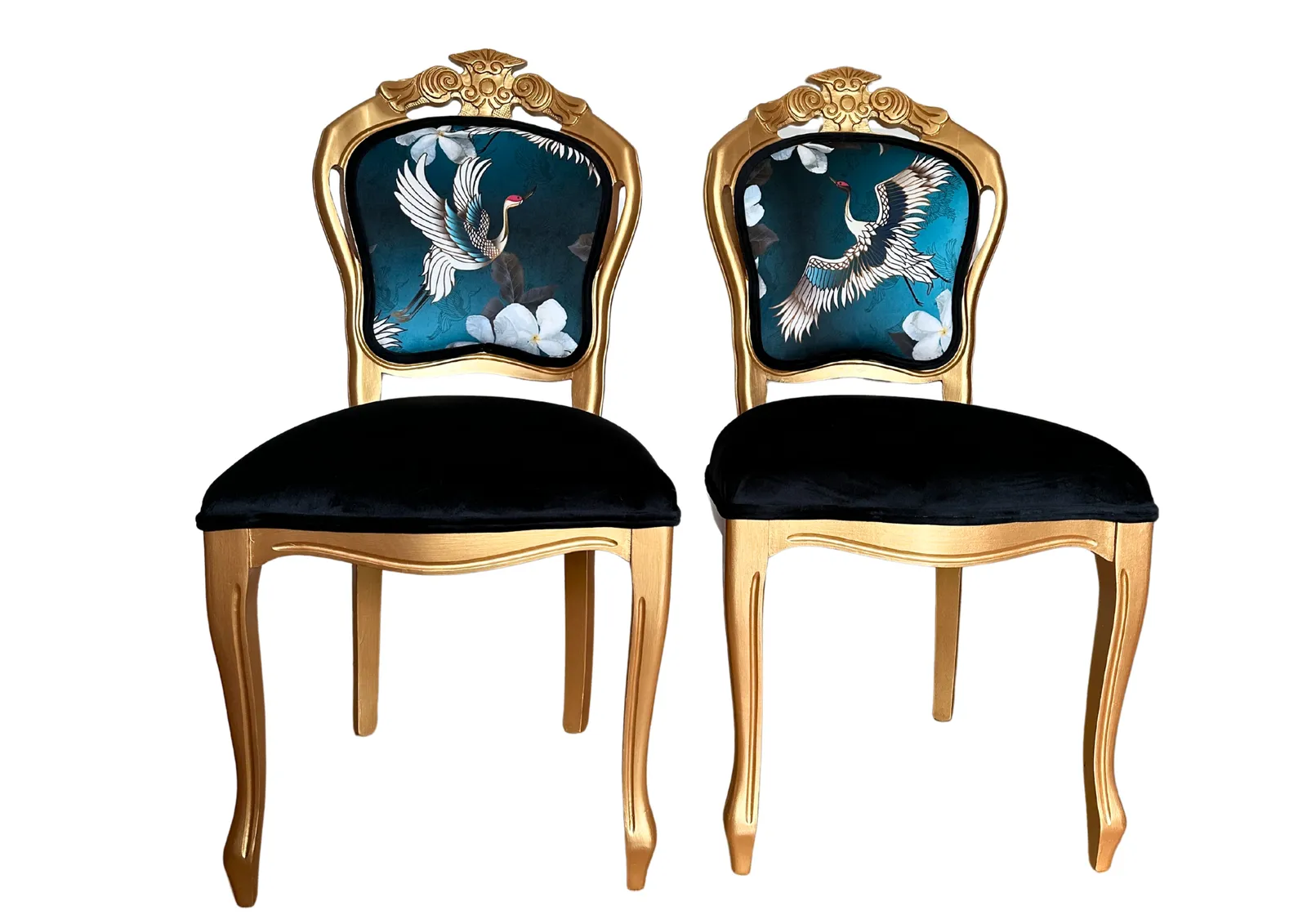 Luxury Gold Leaf Paint French Louis XV Style Chairs – Black Velvet & Crane Detail (Set Of 2) photo for sale