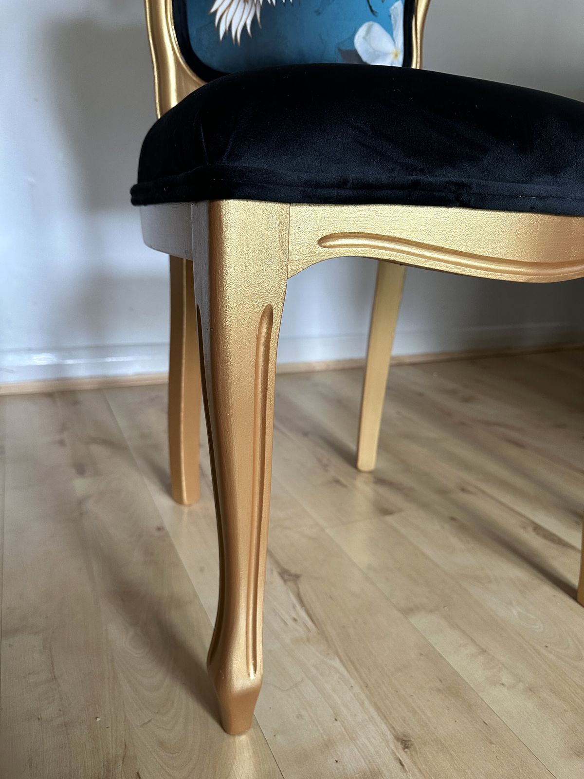 photo for sale Luxury Gold Leaf Paint French Louis XV Style Chairs – Black Velvet & Crane Detail (Set Of 2)