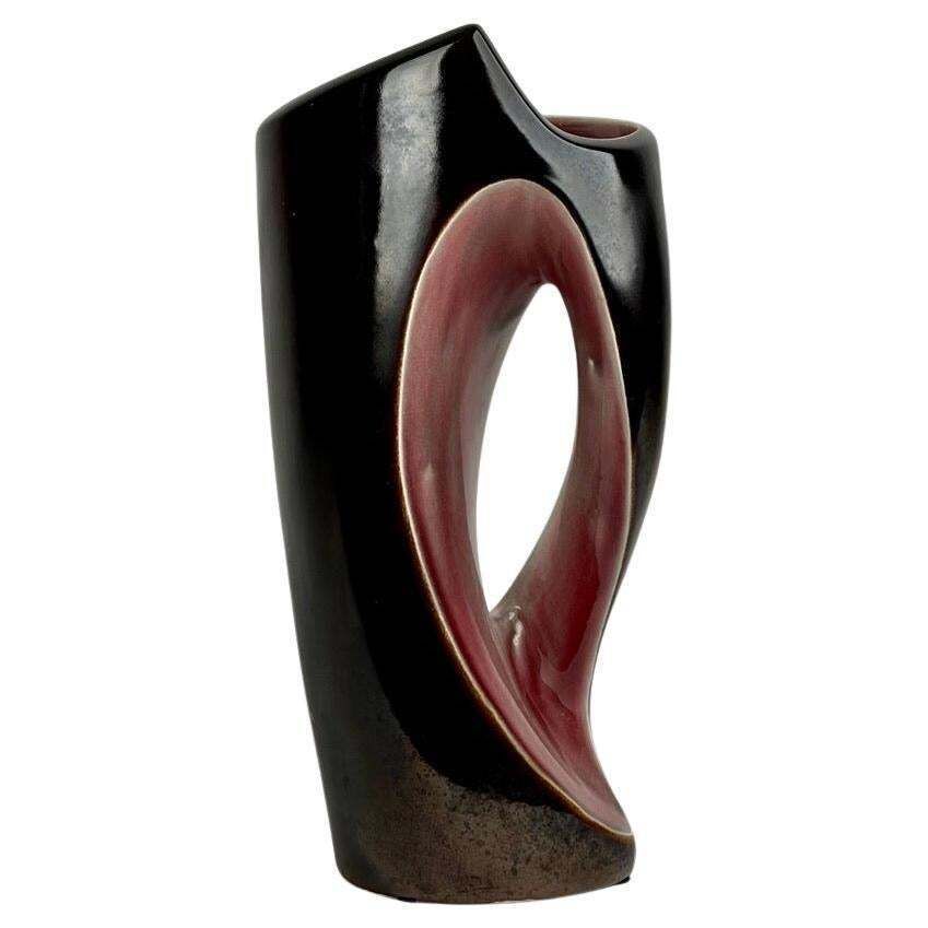 Mid Century Modern Italian Dark Brown & Mauve Glazed Ceramic Sculptural Vase