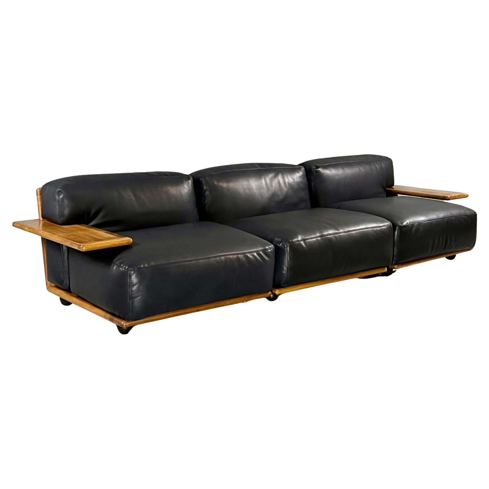 Late 20th Century Black Leather & Walnut Pianura Sectional Sofa By Mario Bellini