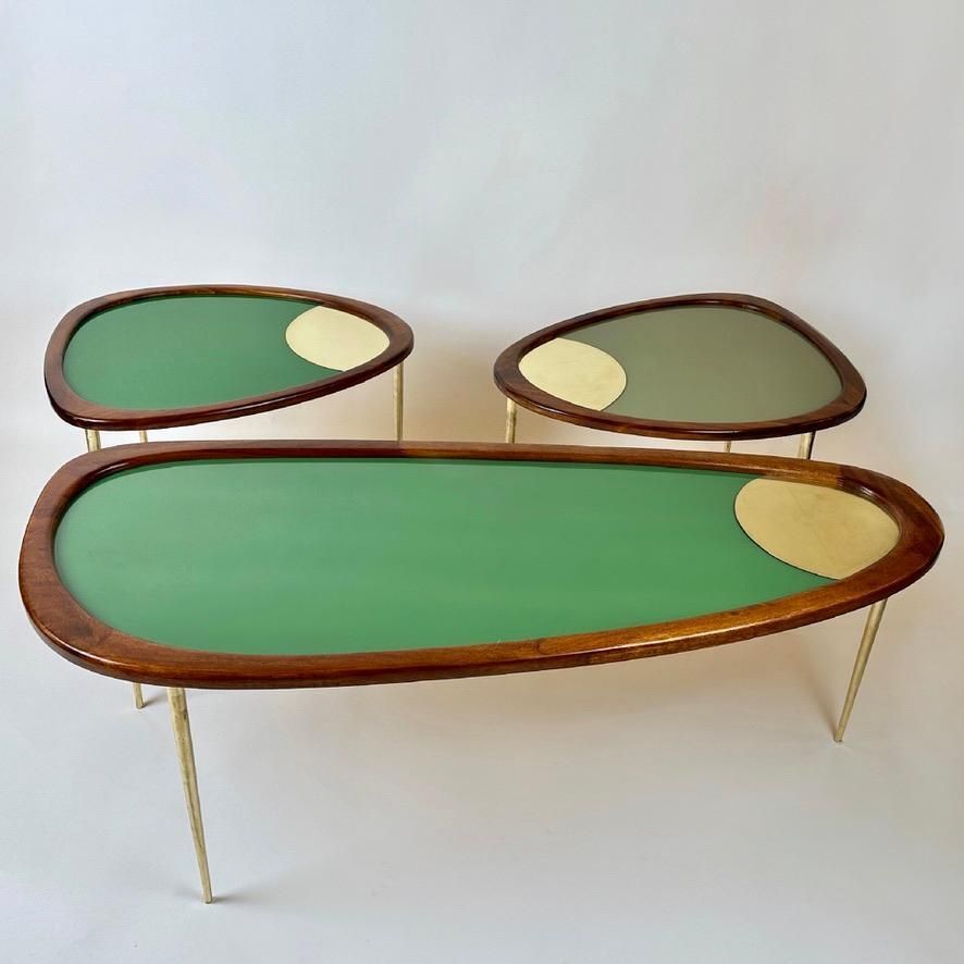 Late 20th Century Wood, Brass & Green Opaline Glass Amorphous Shape Coffee Table photo vintage