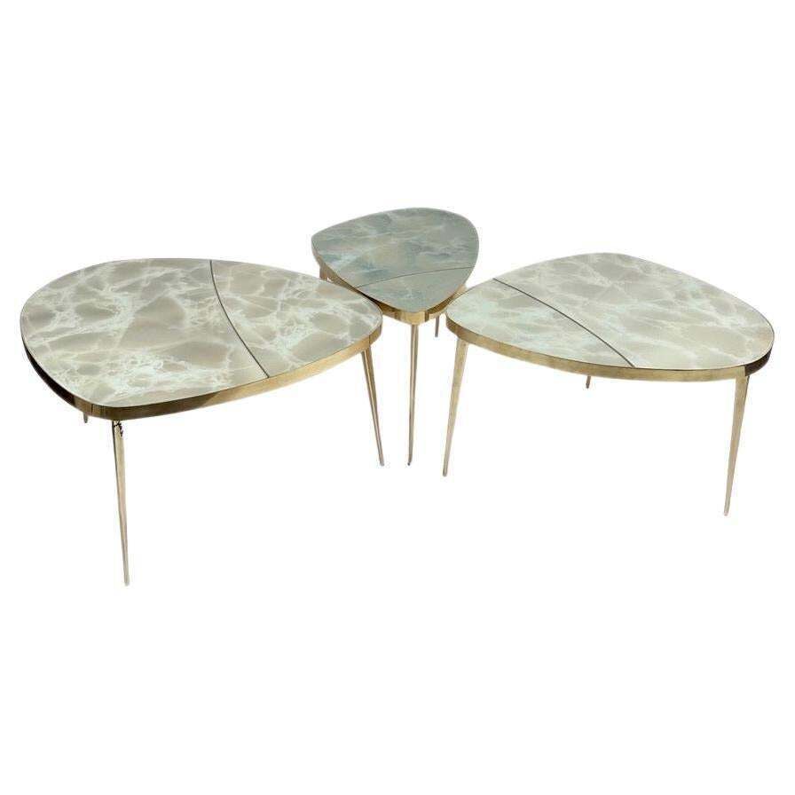 Mid Century Modern Brass & Green Murano Art Glass Set Of Three Coffee Tables