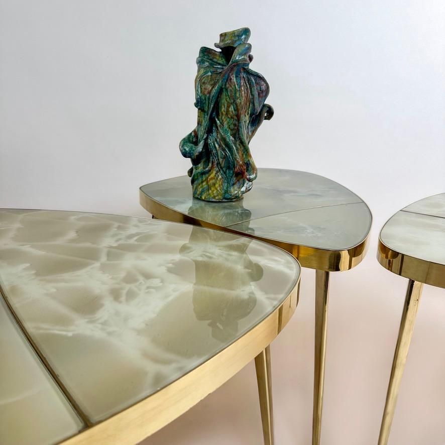 Mid Century Modern Brass & Green Murano Art Glass Set Of Three Coffee Tables photo 11484.0
