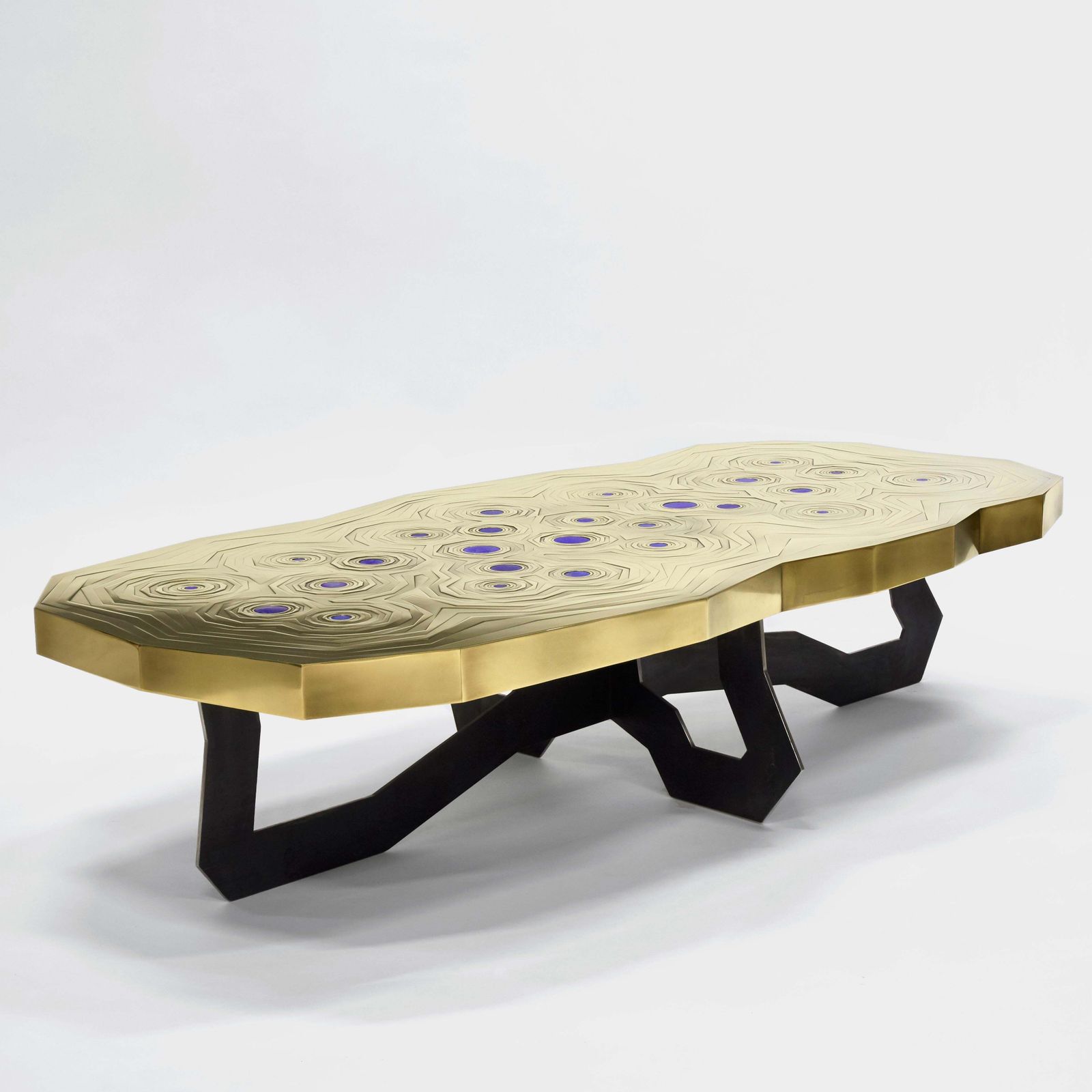 Brass Mosaic W/ Lapis Lazuli & Black Steel "Echo" Coffee Table By Erwan Boulloud photo for sale