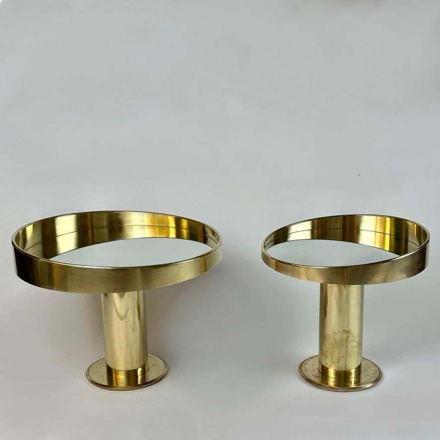 Late 20th Century Italian Pair Of Round Brass & Silver Mirror Side Tables photo furniture
