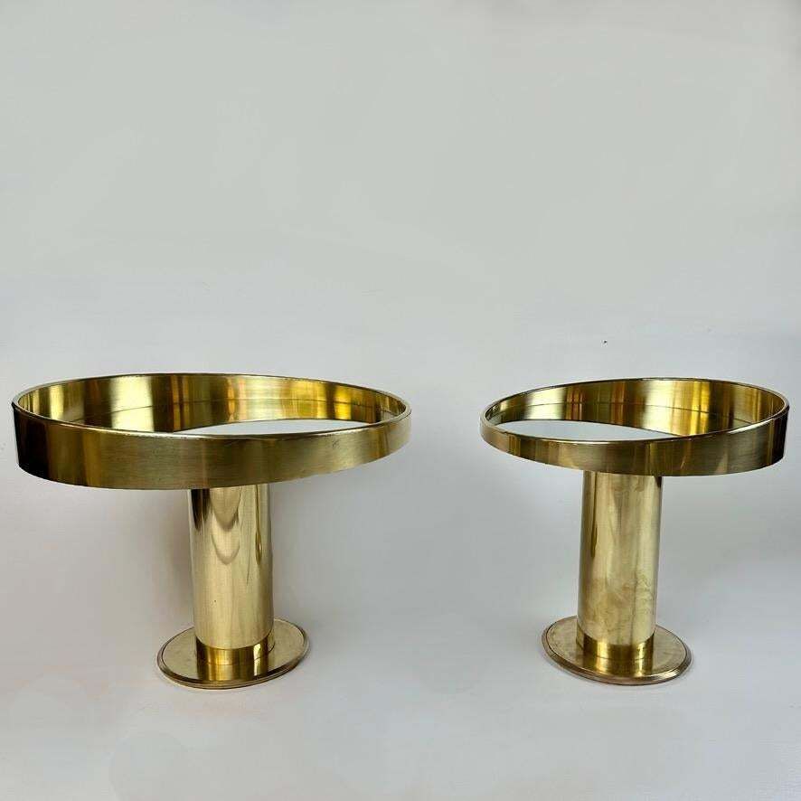 Late 20th Century Italian Pair Of Round Brass & Silver Mirror Side Tables photo for sale