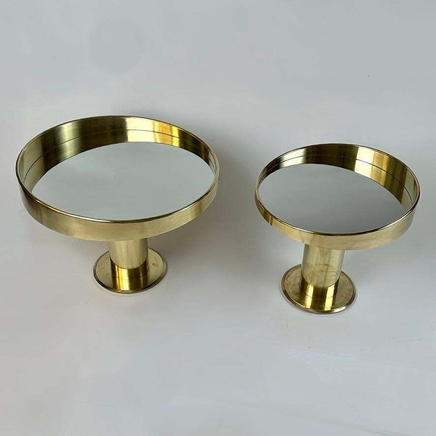 Late 20th Century Italian Pair Of Round Brass & Silver Mirror Side Tables photo Furniture