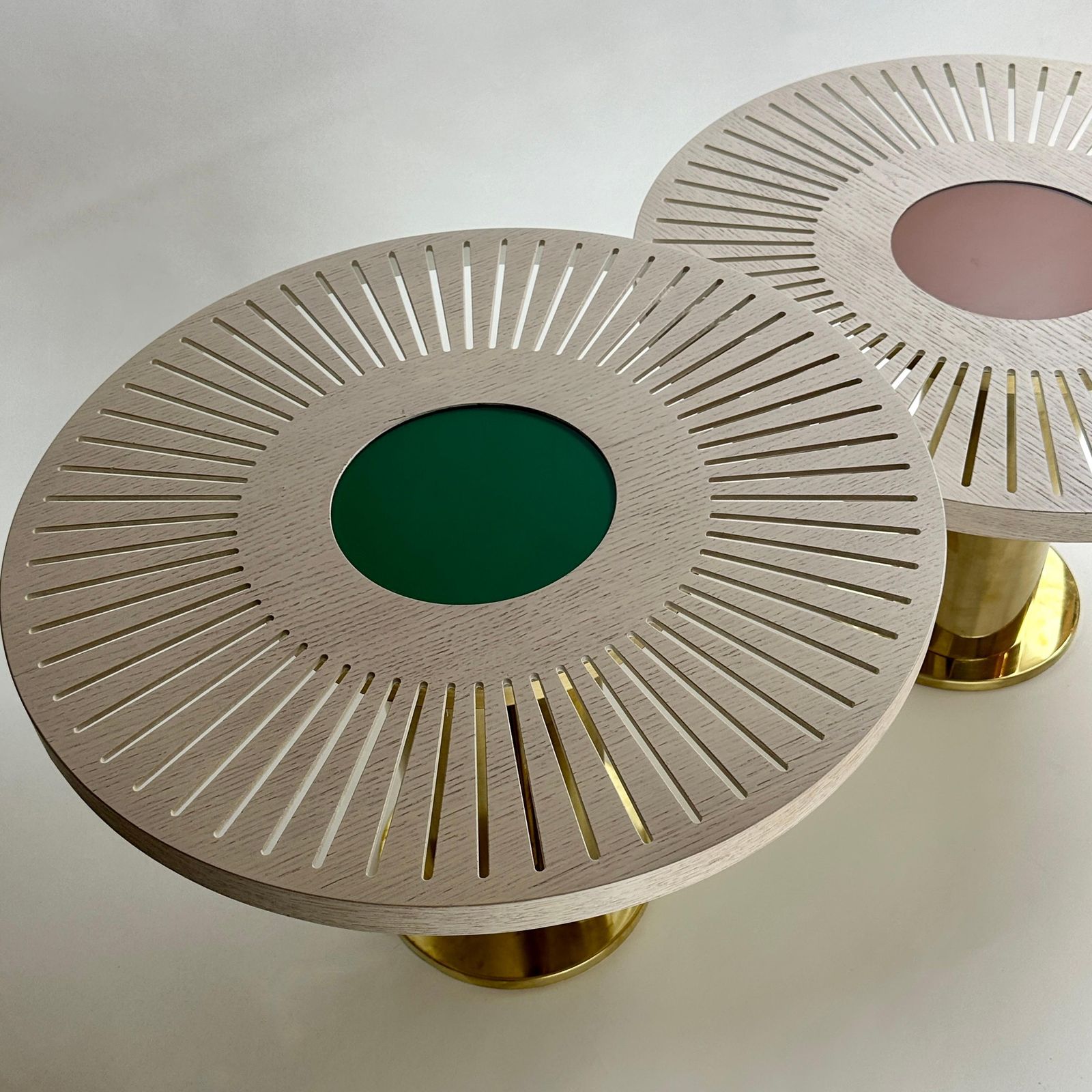 Late 20th Century Pair Of Round Ash Wood W/ Opaline Glass & Brass Coffee Tables photo for sale