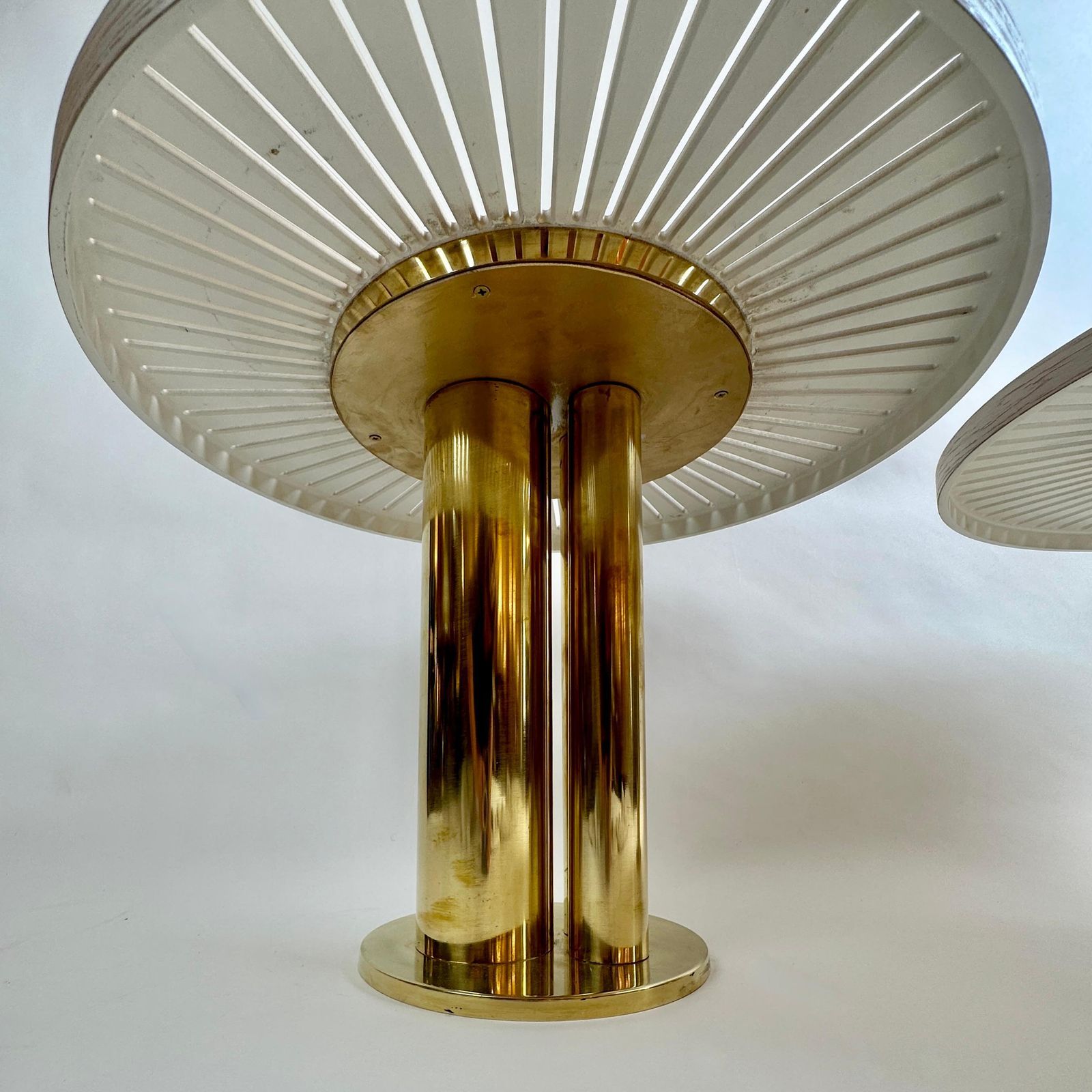 Late 20th Century Pair Of Round Ash Wood W/ Opaline Glass & Brass Coffee Tables photo vinterior