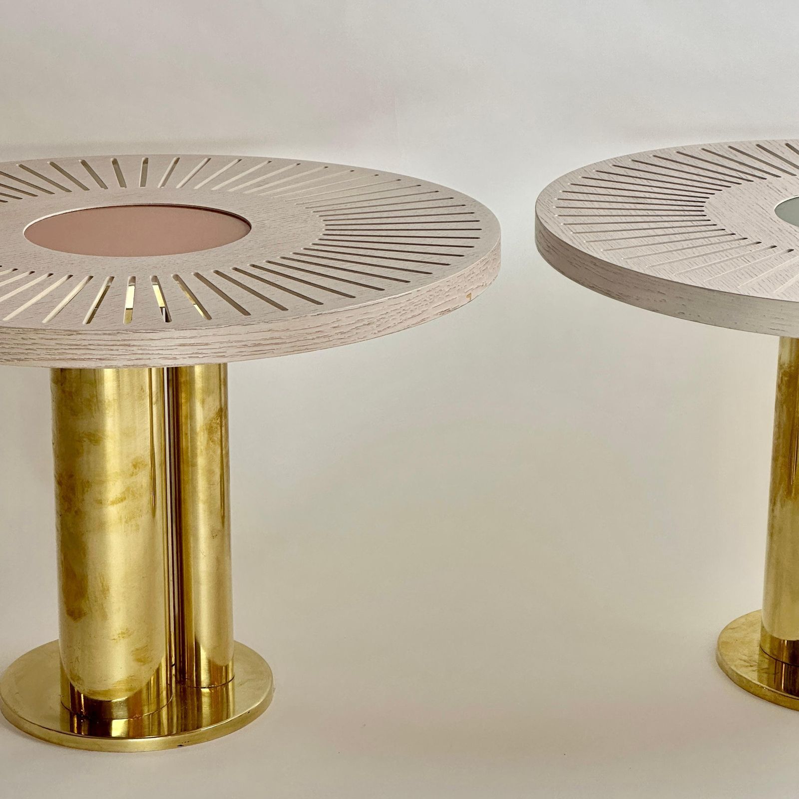 Late 20th Century Pair Of Round Ash Wood W/ Opaline Glass & Brass Side Tables photo 6295.0