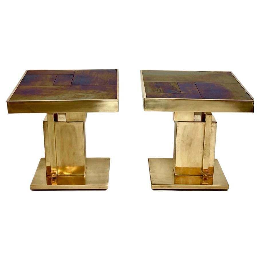 Late 20th Century Pair Of Squared Blue Murano Art Glass & Brass Side Tables