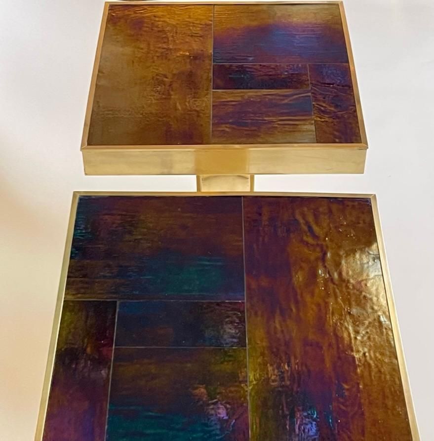 Late 20th Century Pair Of Squared Blue Murano Art Glass & Brass Side Tables photo furniture