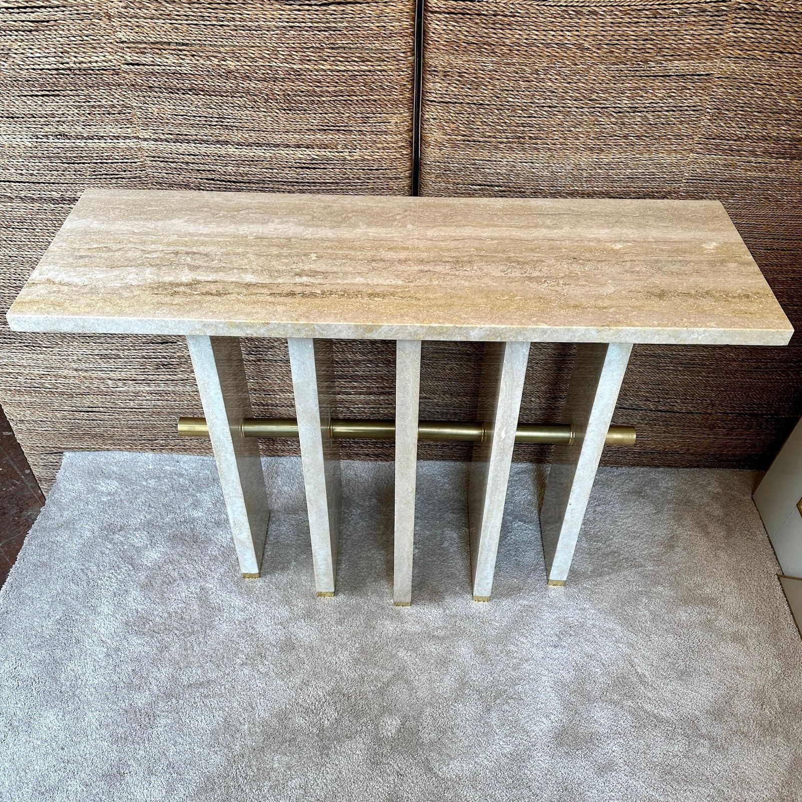 Late 20th Century Italian Travertine With Brass Details Console Table photo furniture