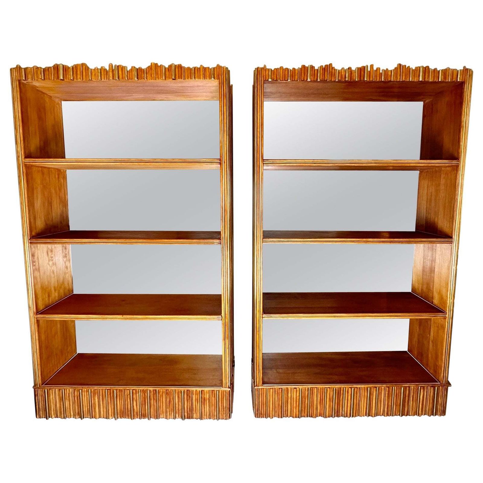 Late 20th Century Pair Of Wood & Brass Breadsticks Bookcases W/Bronzed Mirrors