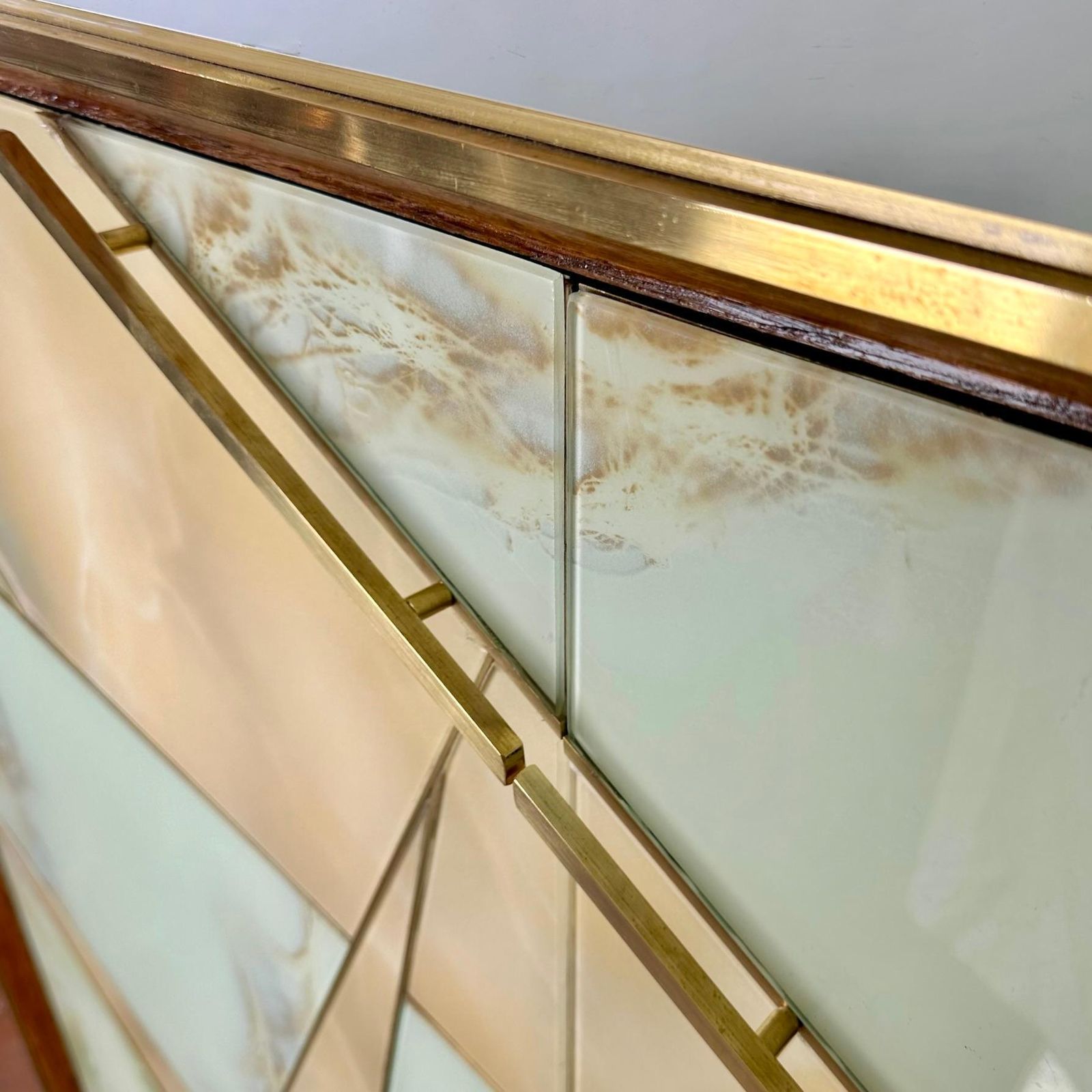 Mid Century Modern Oak Wood, Brass, Mirror & Murano Art Glass Dry Bar Cabinet photo for sale