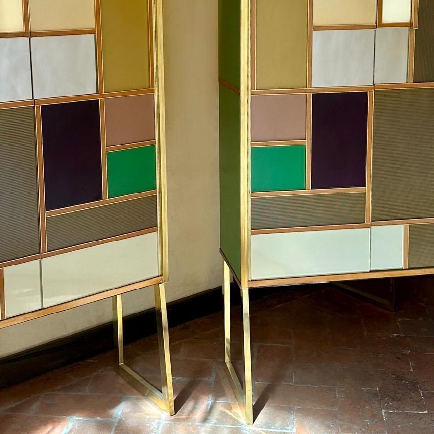 Late 20th Century Pair Of Italian Wood, Brass, Mirror & Opaline Glass Cabinets photo furniture