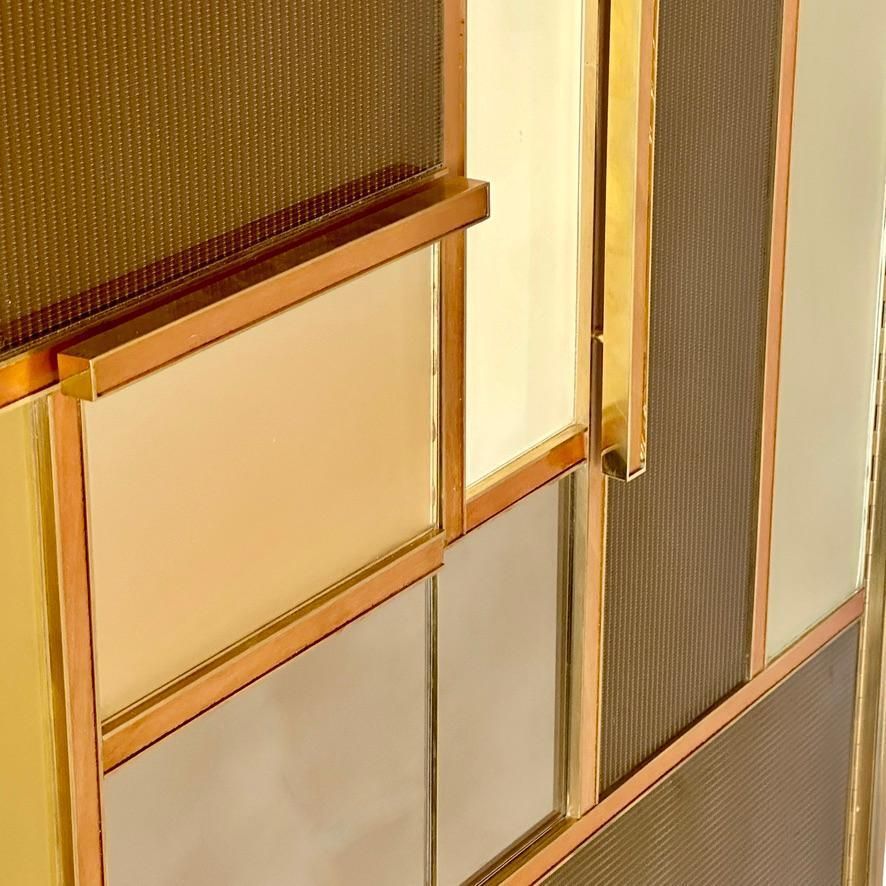 Late 20th Century Pair Of Italian Wood, Brass, Mirror & Opaline Glass Cabinets photo vintage