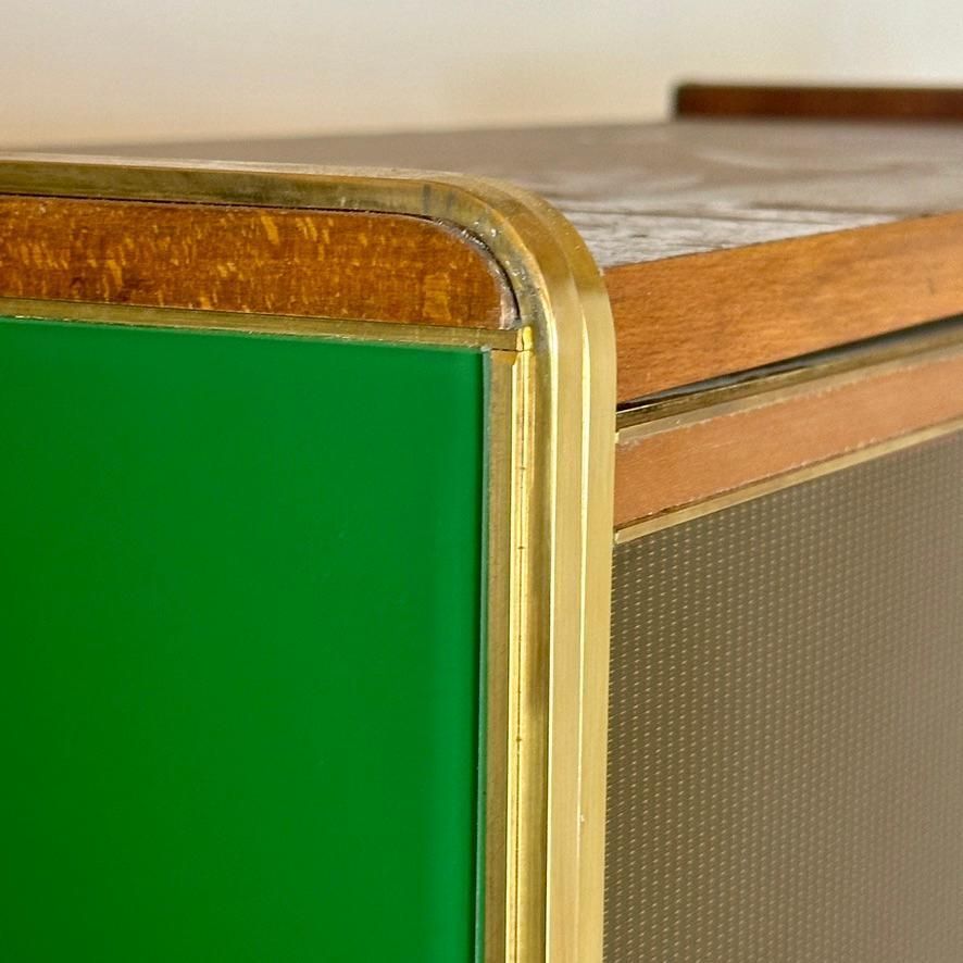 Furniture Late 20th Century Pair Of Italian Wood, Brass, Mirror & Opaline Glass Cabinets photo
