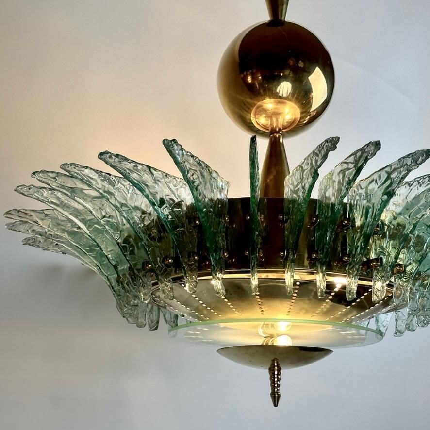 Late 20th Century Round Brass Chandelier W/ Light Green Textured Murano Glasses photo vinterior