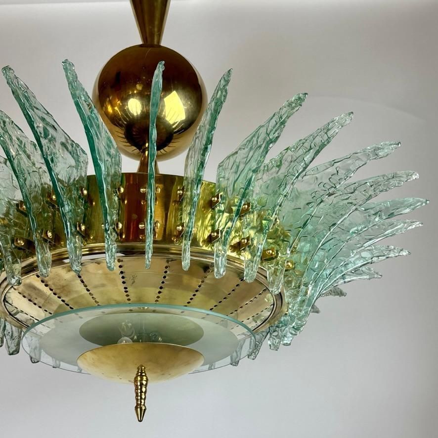 Late 20th Century Round Brass Chandelier W/ Light Green Textured Murano Glasses photo buy