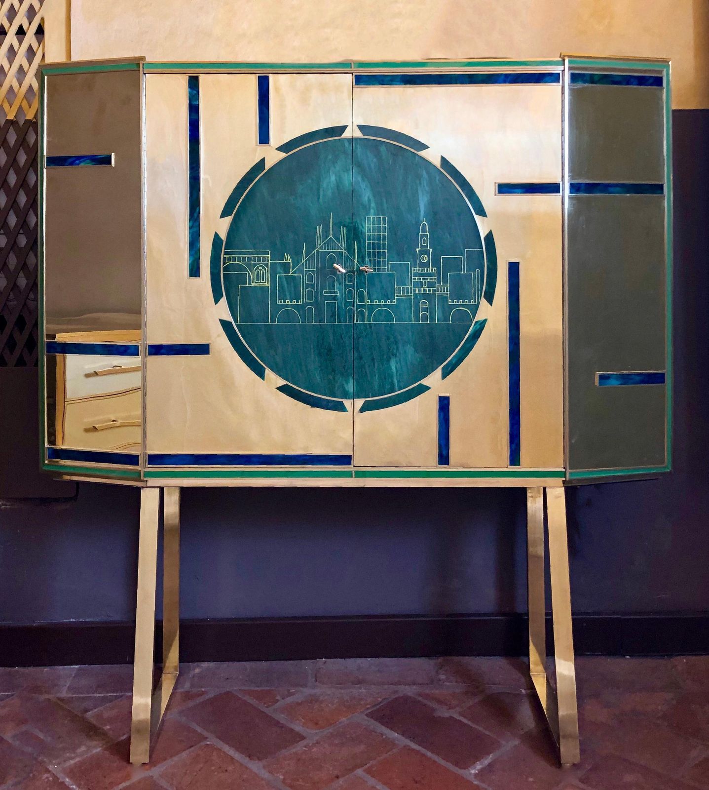 Mid Century Modern Brass, Wood & Engraved Emerald Green Murano Glass Dry Bar photo furniture