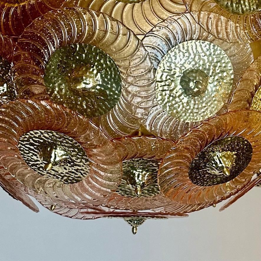 Late 20th Century Pink Murano Art Glass Disks W/ Hand Hammered Brass Chandelier photo for sale