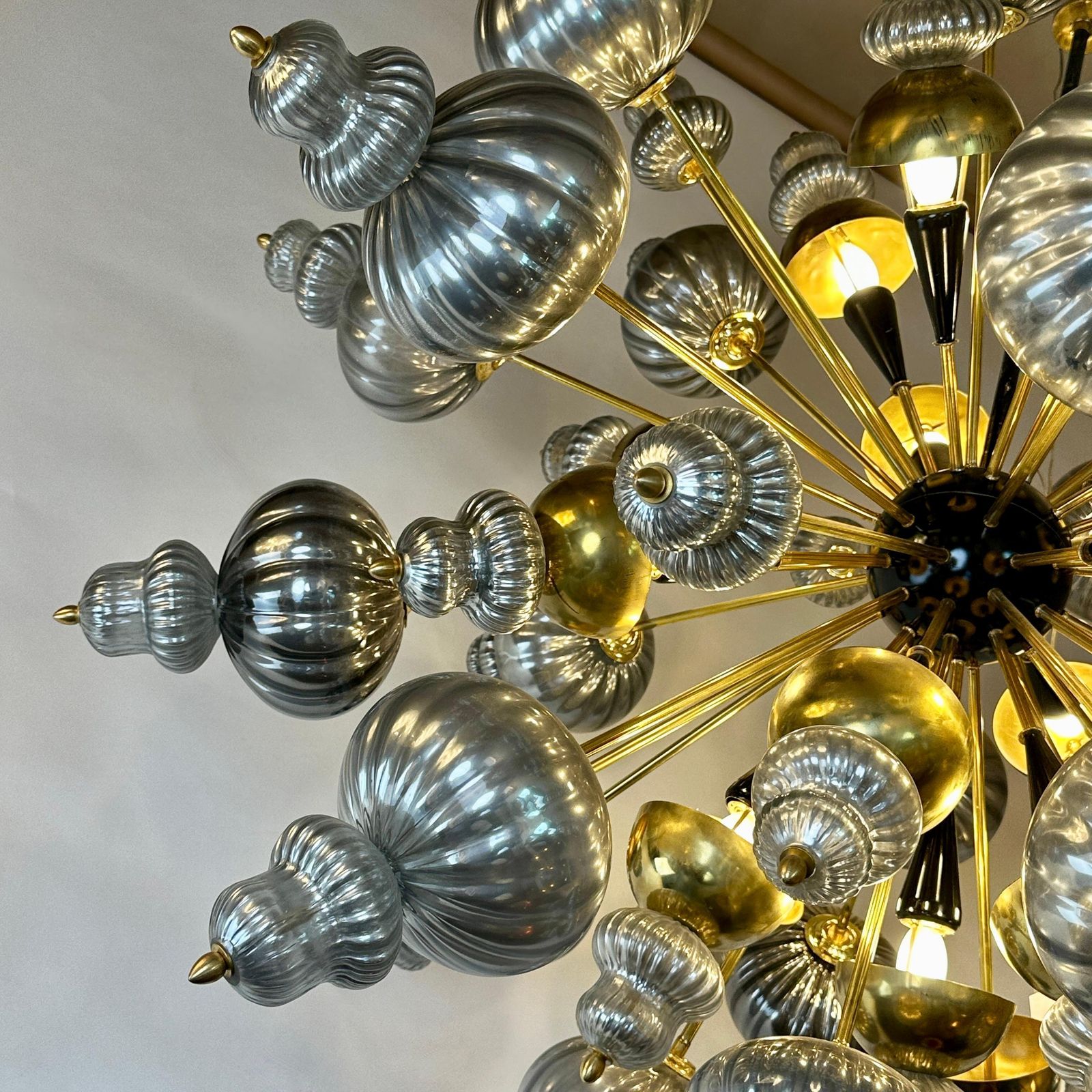 Late 20th Century Silver Blown Murano Glass Elements & Brass Sputnik Chandelier photo Lighting