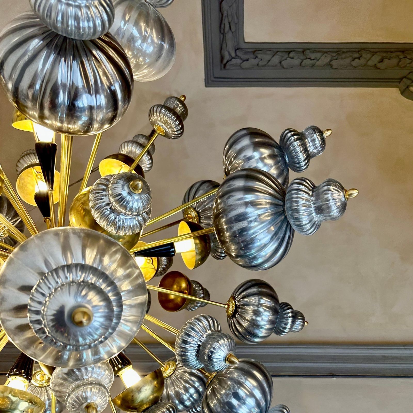 Late 20th Century Silver Blown Murano Glass Elements & Brass Sputnik Chandelier photo vintage