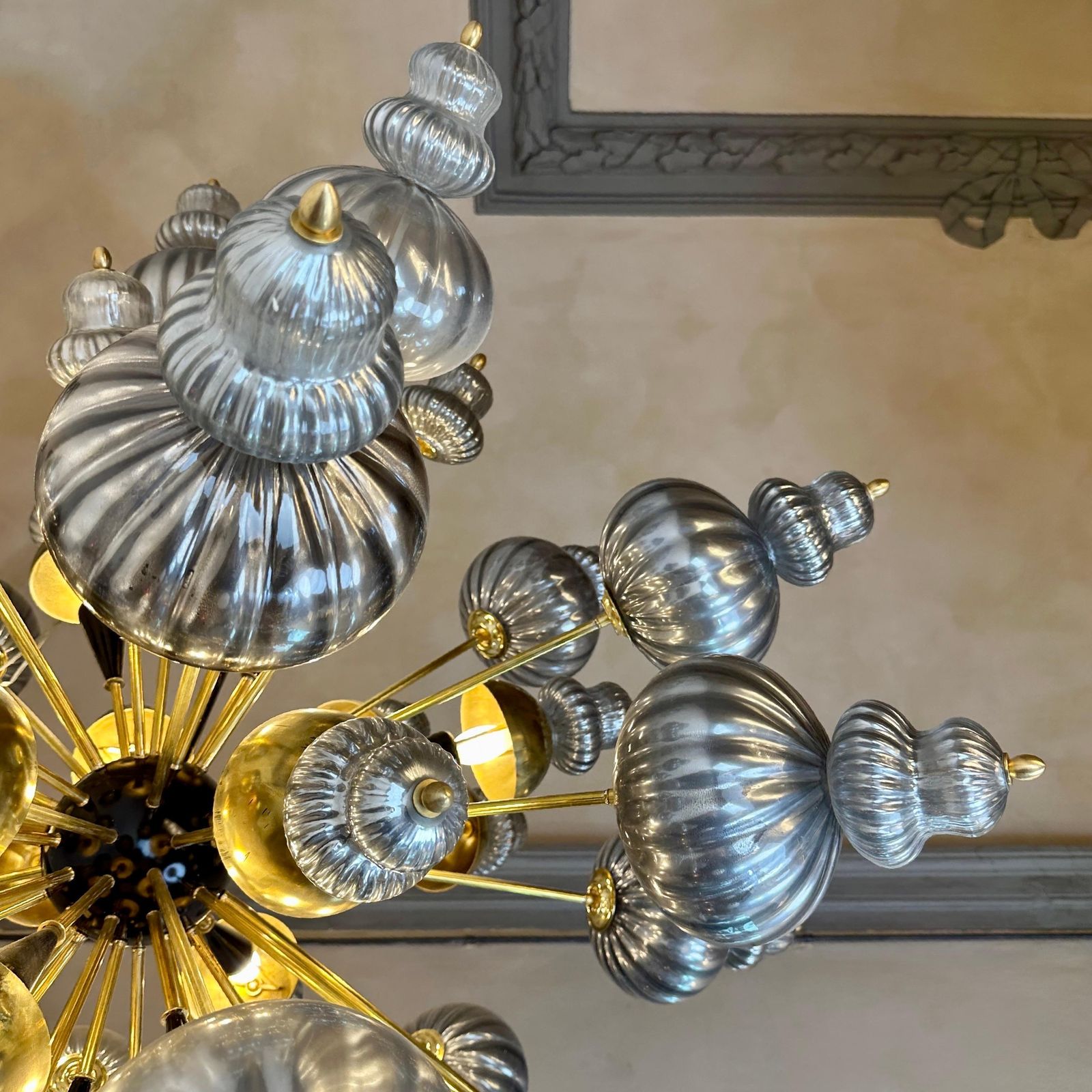 photo furniture Late 20th Century Silver Blown Murano Glass Elements & Brass Sputnik Chandelier