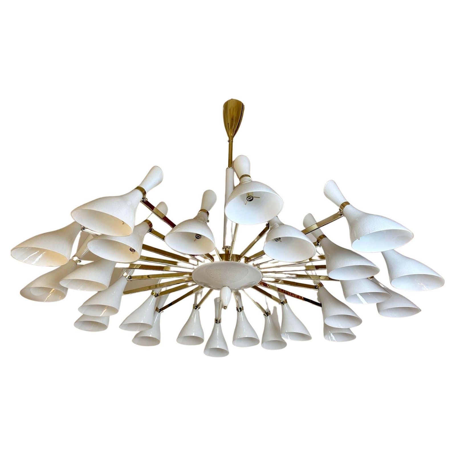 Late 20th Century White Murano Blown Glass & Brass Large Round Chandelier
