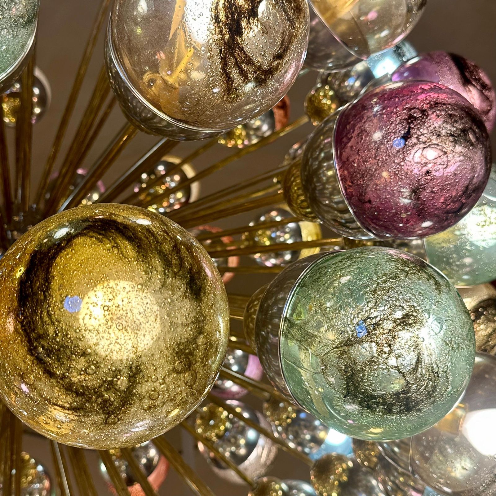 Late 20th Century Nickel & Brass Sputnik Chandelier W/ Murano Art Glass Boules photo vinterior