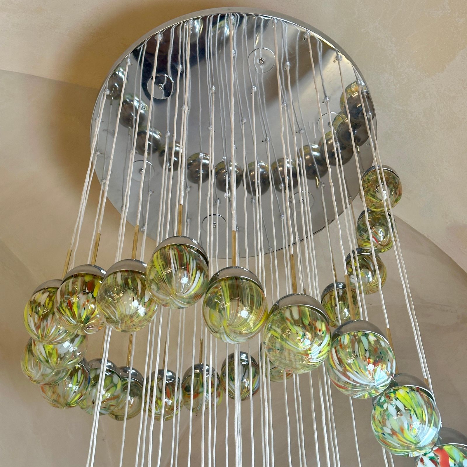 Late 20th Century Chrome, Brushed Steel, Brass & Murano Glass Cascade Chandelier photo vinterior