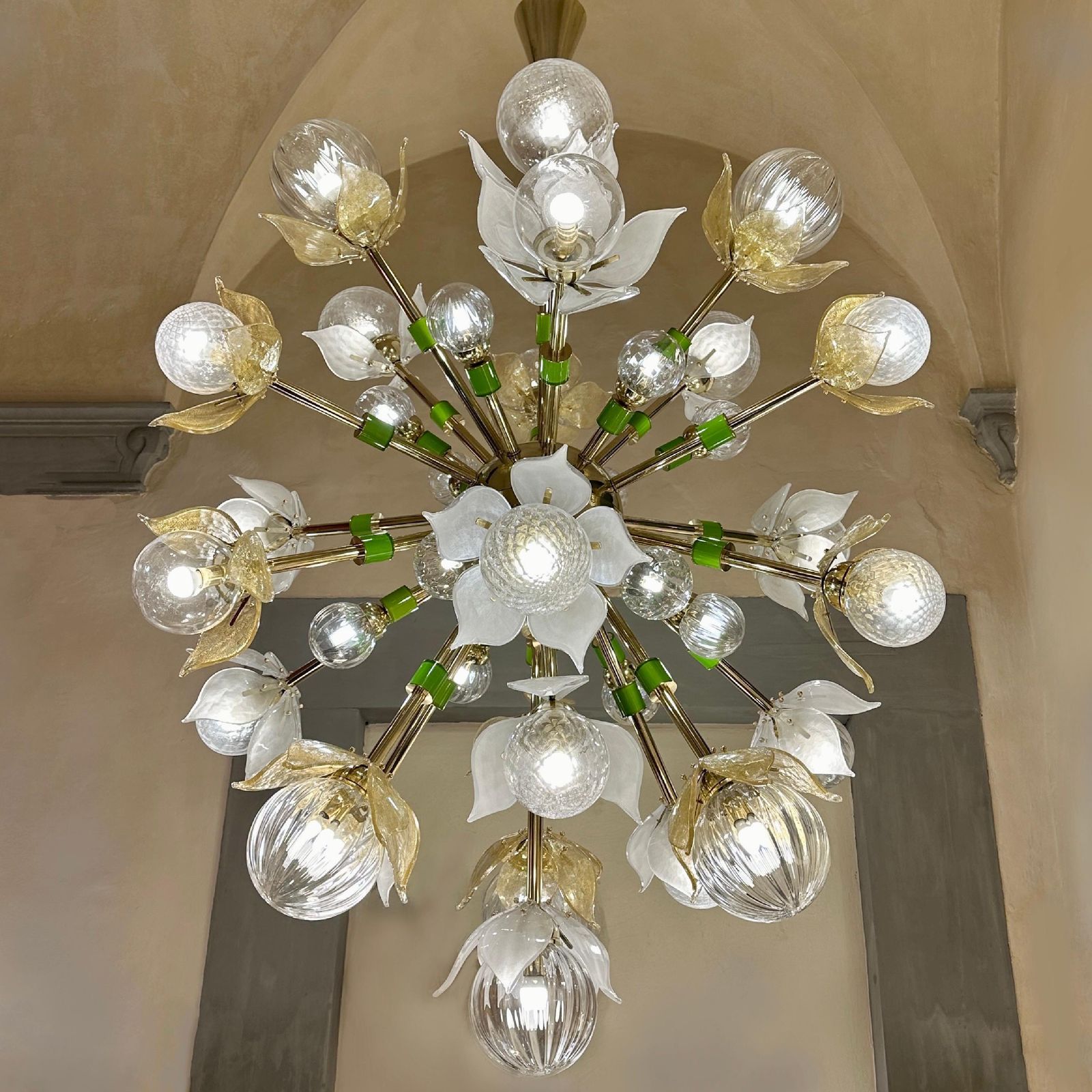 "Flower Power" Brass Sputnik Chandelier W/ Murano Art Glass Boules And Petals photo for sale