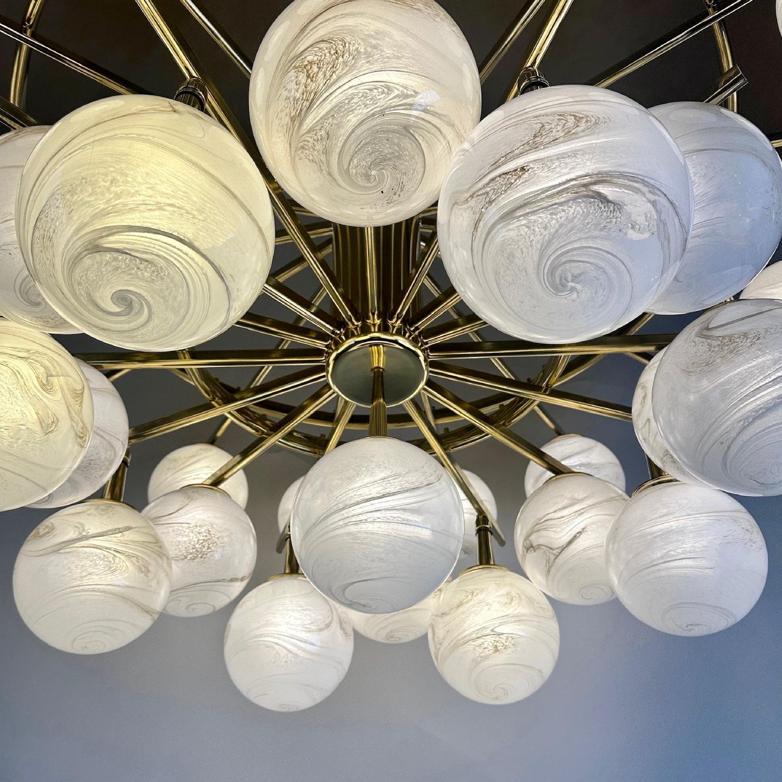 Late 20th Century Brass Double Tier Chandelier With Marbled Murano Glass Boules photo 23818.0