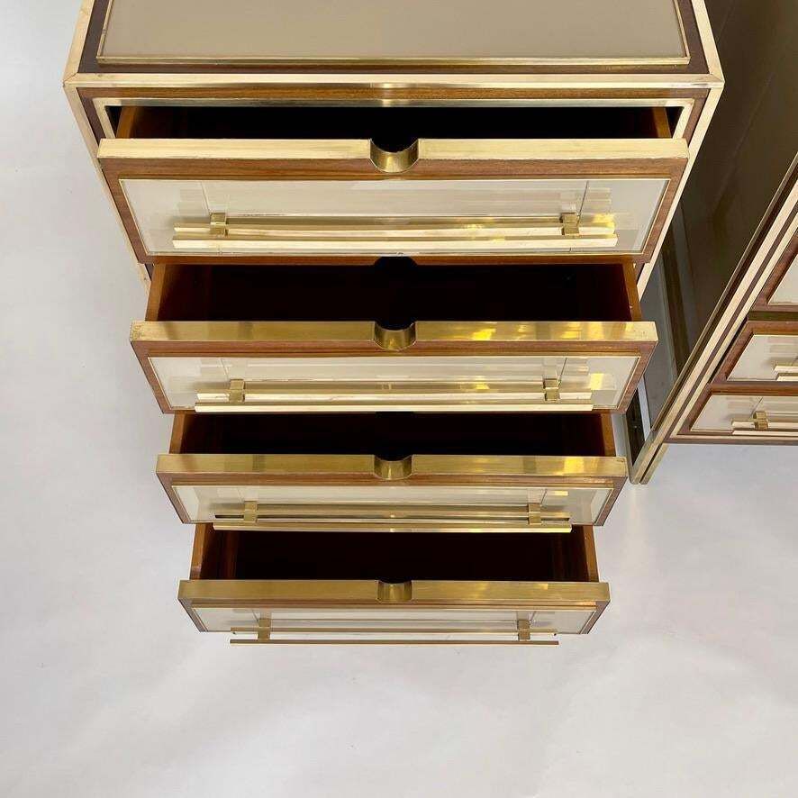 Mid Century Modern Pair Of Wood, Brass & Beige Opaline Glass Night Stands photo buy
