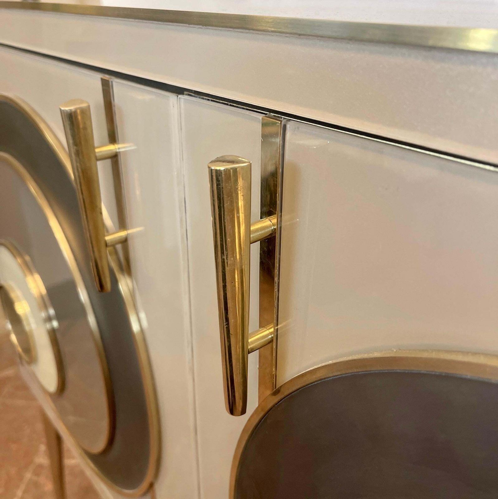 Late 20th Century Italian Beige Opaline Glass W/ Glass & Brass Details Sideboard photo furniture