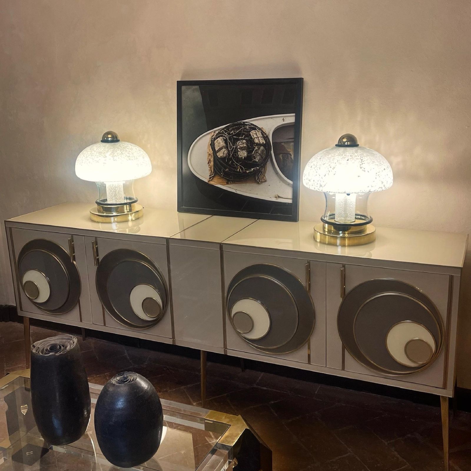 Late 20th Century Italian Beige Opaline Glass W/ Glass & Brass Details Sideboard photo vintage