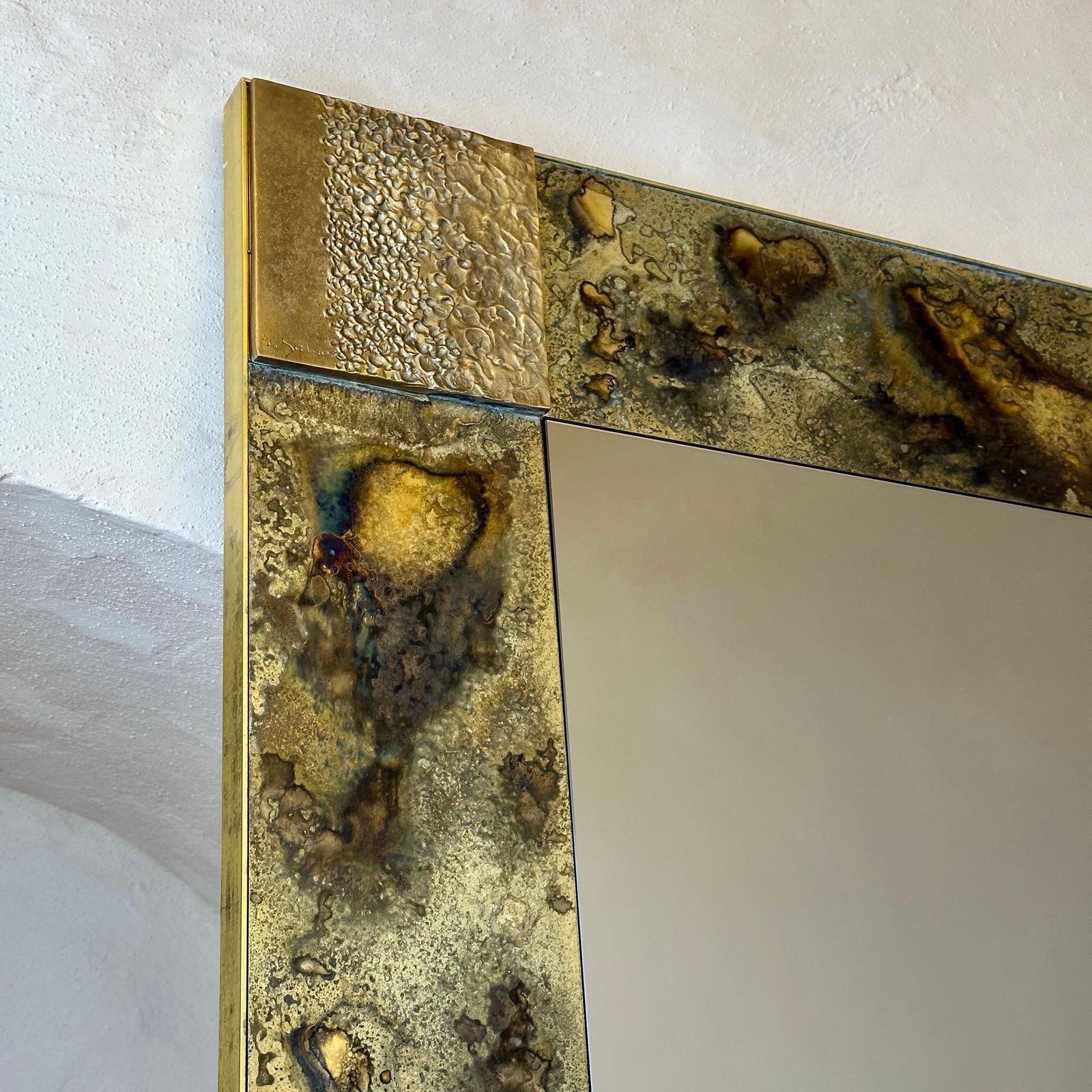 Late20th Century Italian Bronze Mirror & Etched Brass W/ Bronze Abstract Plaques photo for sale
