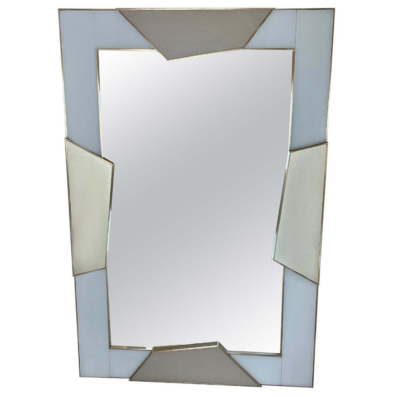 Late 20th Century Italian Light Grey & Gold Opaline Glass W/ Brass Wall Mirror